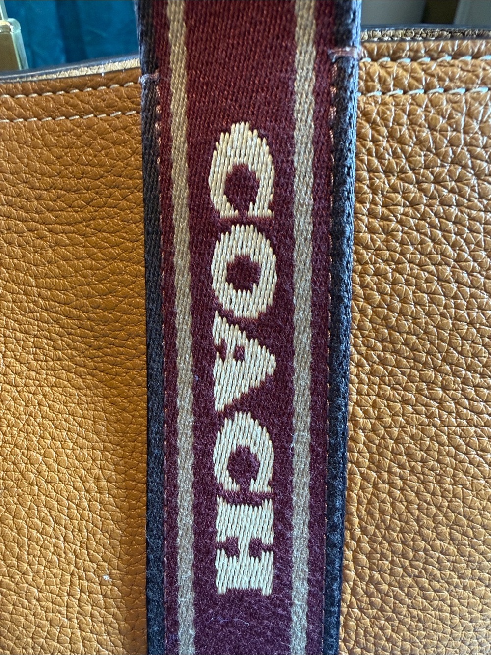Coach Tan Pebbled Tote with Maroon Canvas Branded Strap - Picture 3 of 15